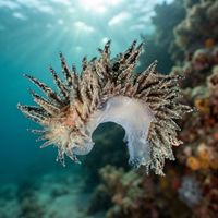 Translucent Janolus hyalinus nudibranch with branching cerata on a dark underwater surface.