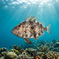 John Dory with a disc-shaped silver-olive body, tall spiny dorsal fin and a bold black spot on its flank, hovering in open water.