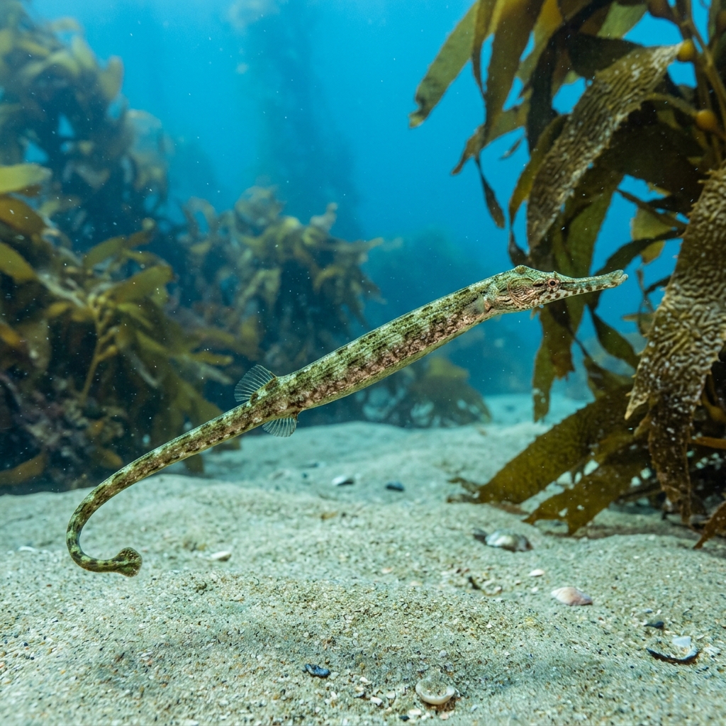 Kelp Pipefish (Syngnathus californiensis) swimming in its natural underwater habitat