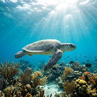 Ridley turtle with a rounded olive-grey shell swimming over a sandy seabed in shallow coastal water.