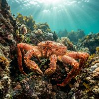 King crab with spiny reddish-orange carapace and long robust legs walking across a rocky cold-water seafloor.