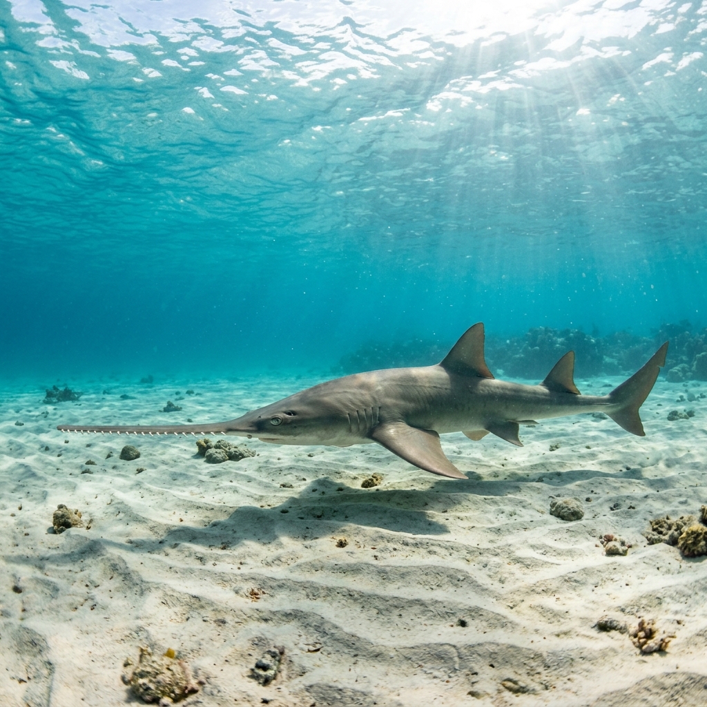 Knifetooth Sawfish swimming near a sandy seafloor, showing its elongated rostrum with teeth only on the upper half and grey-brown flattened body.