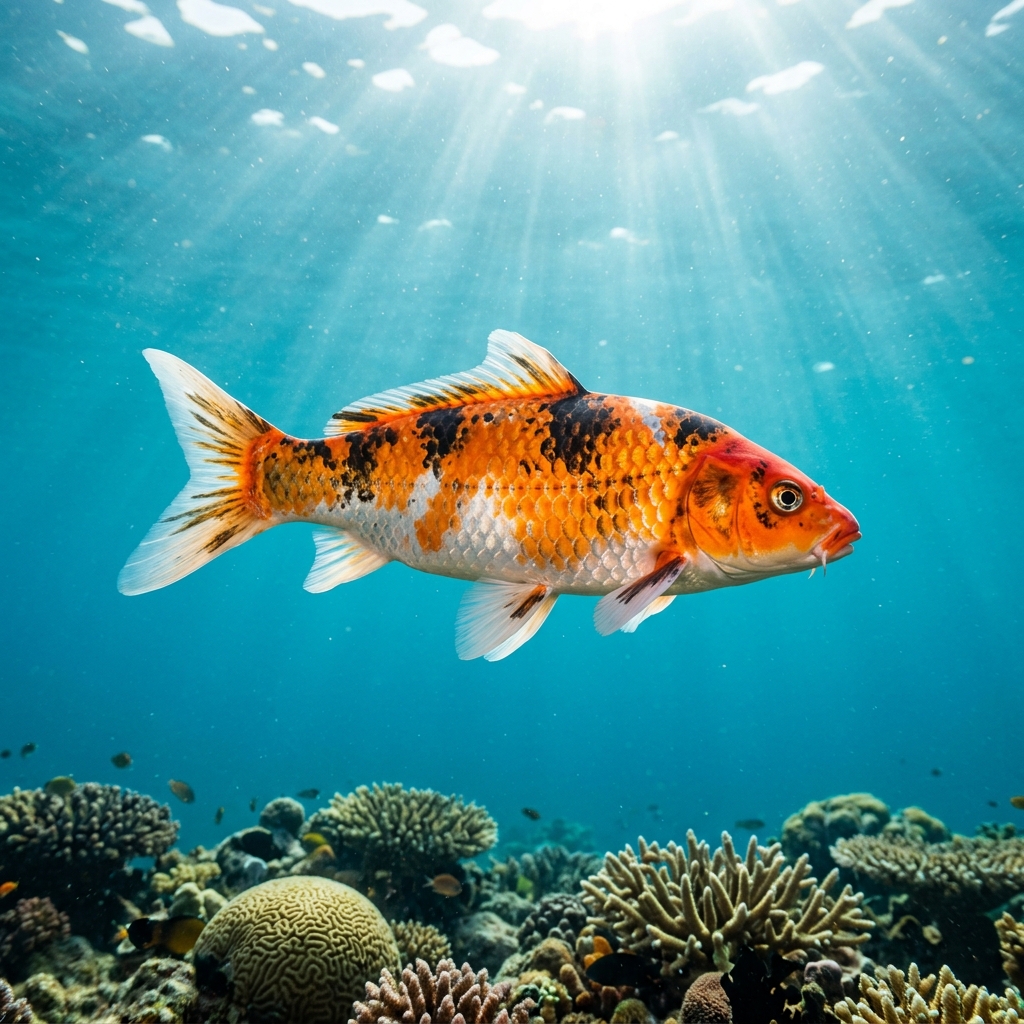 Koi Carp (Cyprinus carpio) swimming in its natural underwater habitat