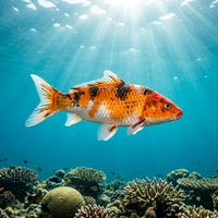 Koi carp with orange, white, and black patterned scales swimming near a freshwater lakebed.