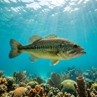 Large mouth bass with olive-green body, dark lateral stripe, and large jaw, hovering near submerged vegetation in shallow freshwater.