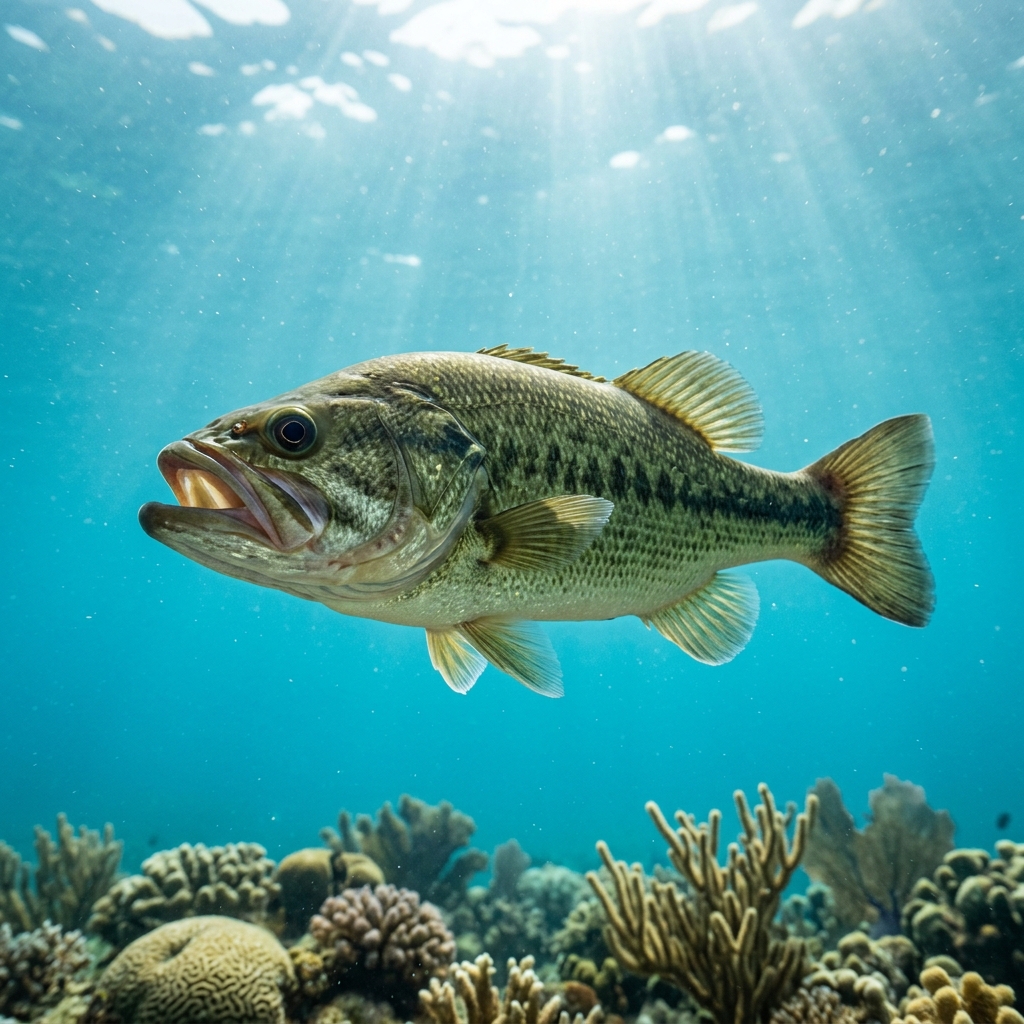 Largemouth Bass (Centrarchidae spp.) swimming in its natural underwater habitat