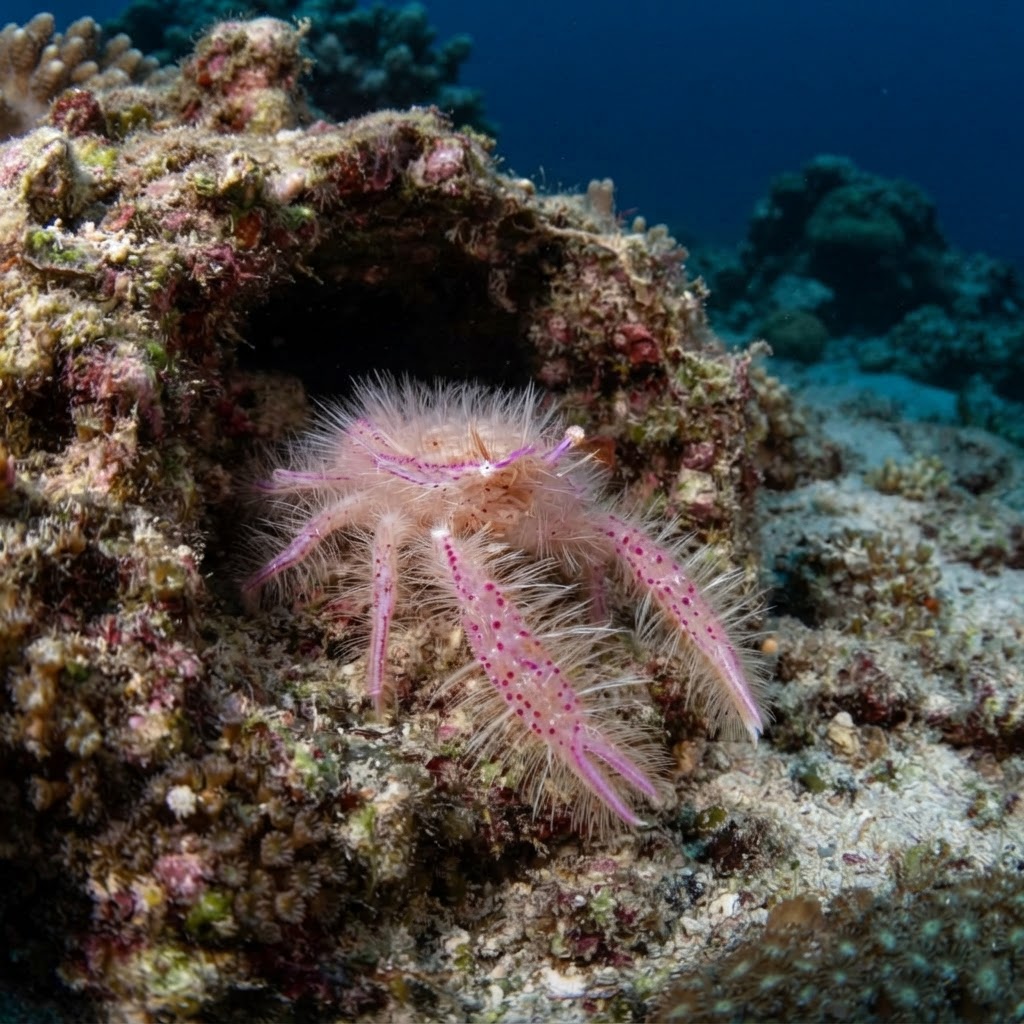 Hairy Squat Lobster with fuzzy purple body and pink markings nestled inside a barrel sponge.