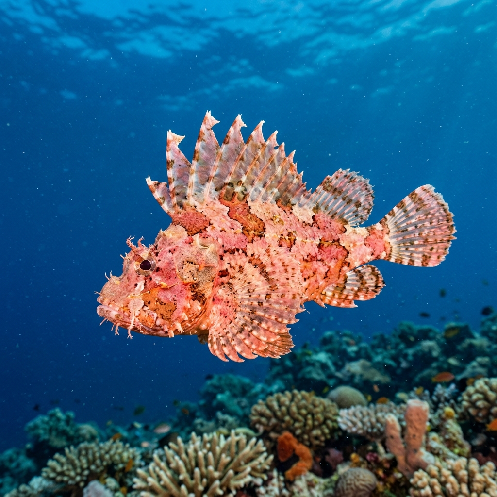 Leaf Scorpionfish (Taenianotus triacanthus) swimming in its natural underwater habitat