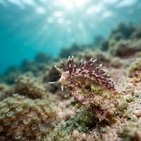 A tiny Learchis poica nudibranch with translucent body and cerata clinging to reef rubble underwater.