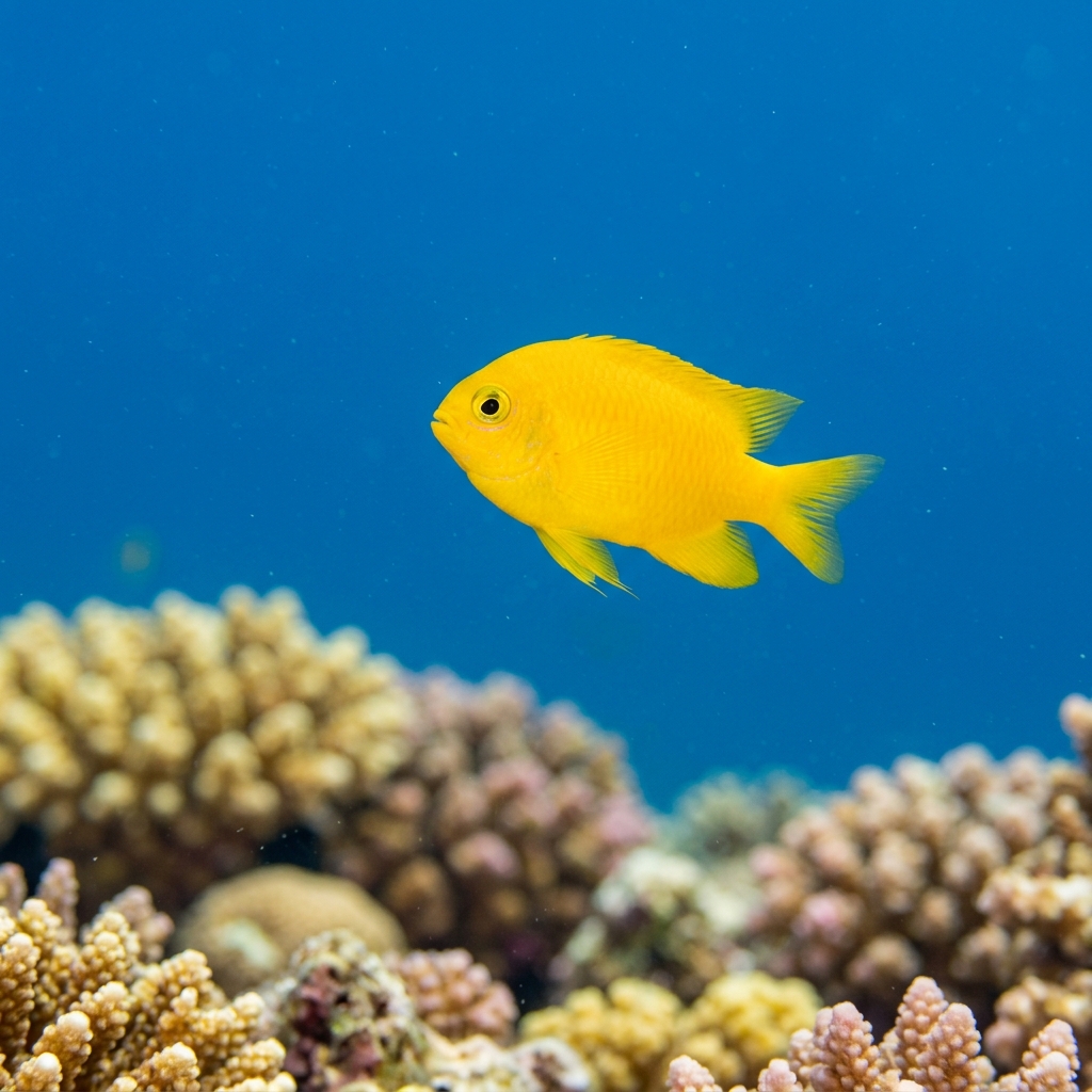 Lemon Damsel (Pomacentrus moluccensis) swimming in its natural underwater habitat