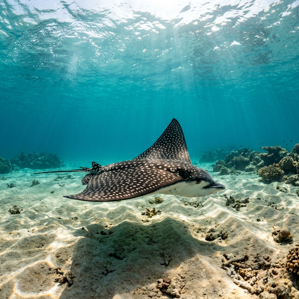 Leopard Ray (Aetobatus narinari) gliding over the seafloor