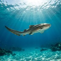 Leopard shark with dark saddle-like bars and spots on a grey-brown body resting on a sandy seafloor.