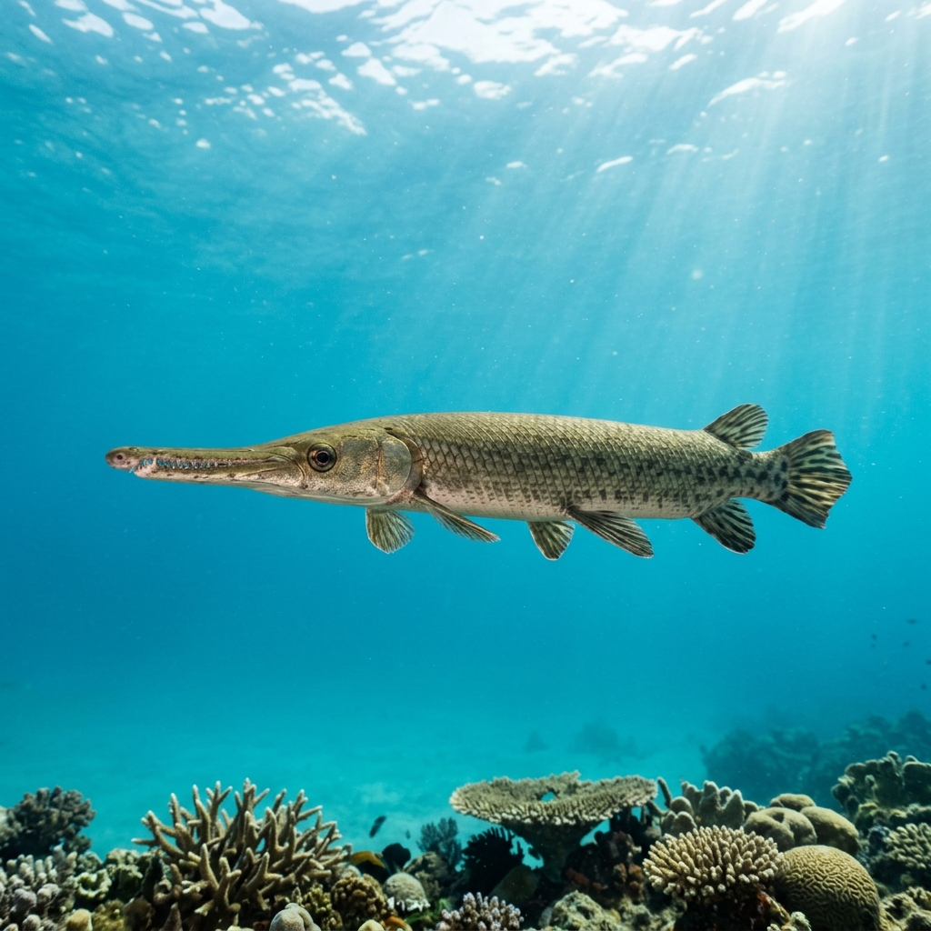 Longnose Gar with elongated snout and torpedo-shaped body covered in diamond-shaped scales, hovering near the surface in greenish freshwater.