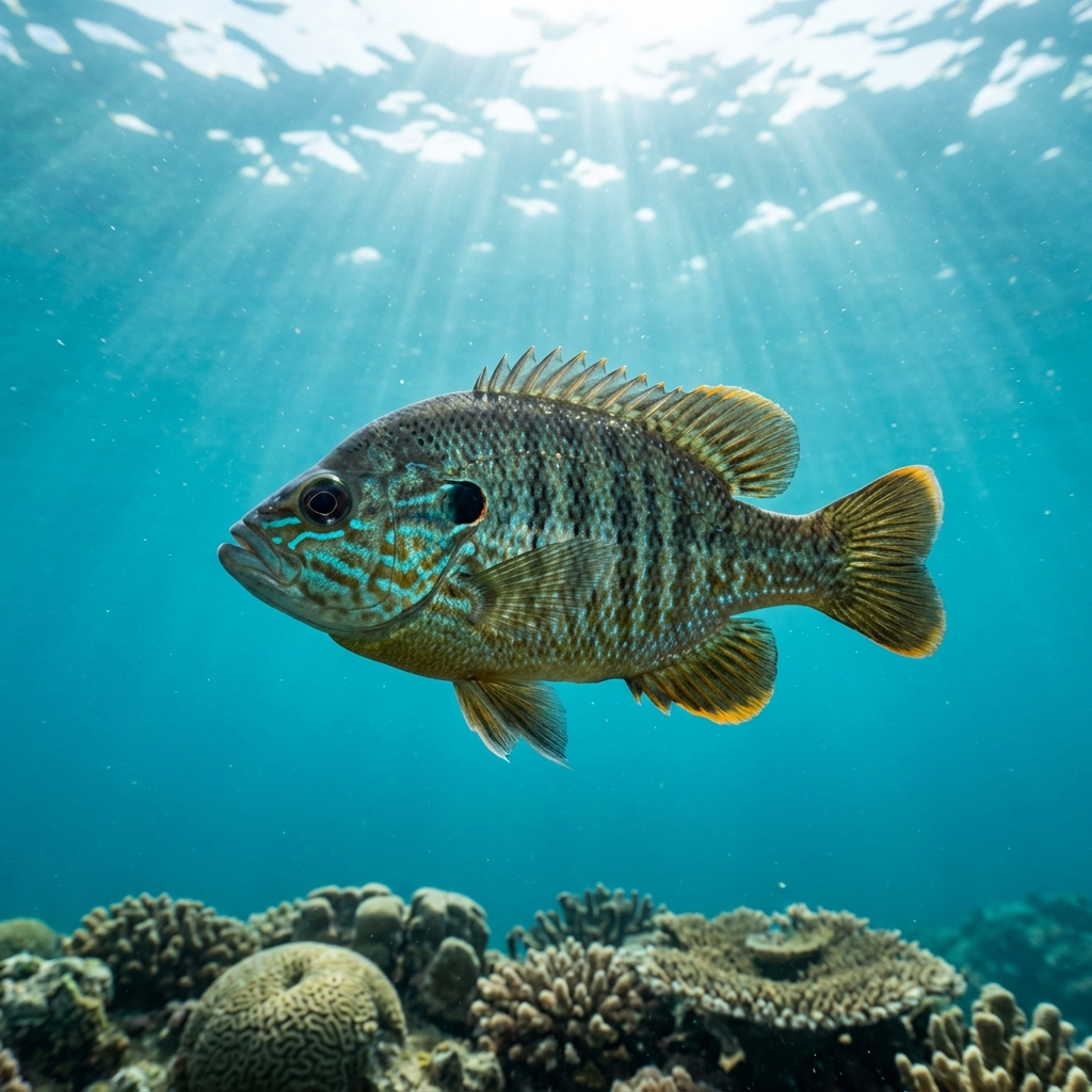 Green sunfish with iridescent blue-green markings and a dark spot at the rear base of the dorsal fin, hovering near submerged rocks in freshwater.