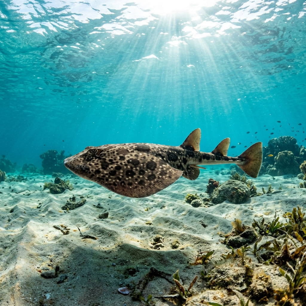 Lesser electric ray resting on a sandy seafloor, showing its rounded disc, brownish mottled upper surface, and short tail.