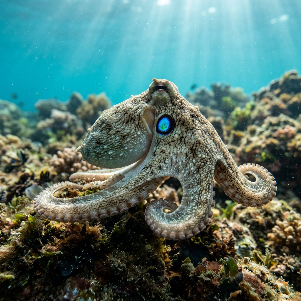 Lesser Two-spot Octopus (Octopus bimaculoides) in its underwater habitat