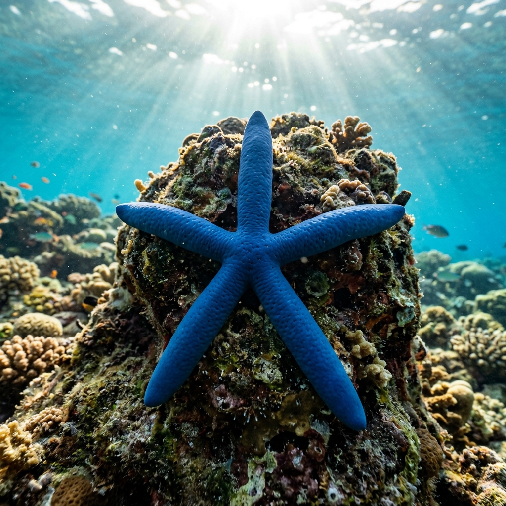 Azure sea star with five smooth, vivid blue arms resting on a shallow tropical coral reef.
