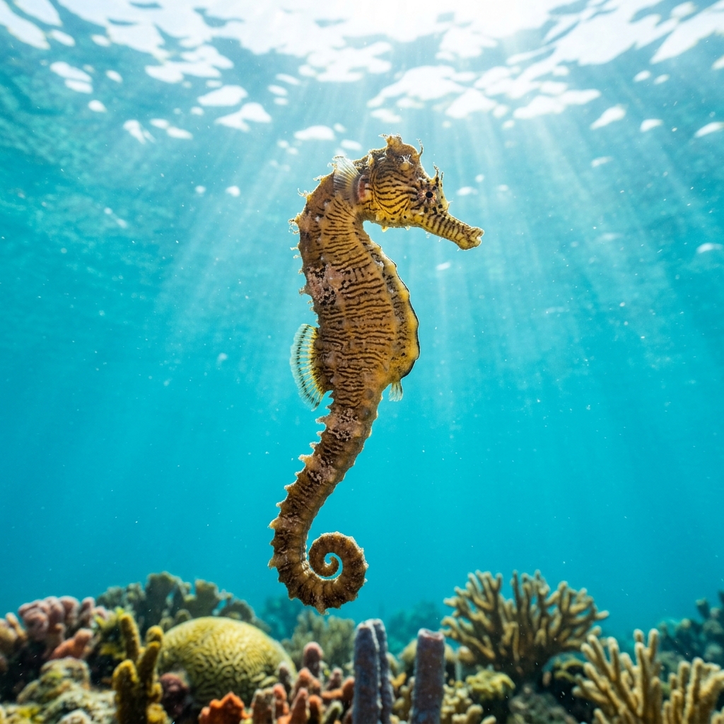 Lined Seahorse clinging to seagrass with mottled brown and cream patterning against a shallow coastal backdrop.