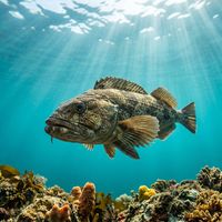 Ling cod with mottled brown and green patterning resting on a rocky reef in cold, dark Pacific water.