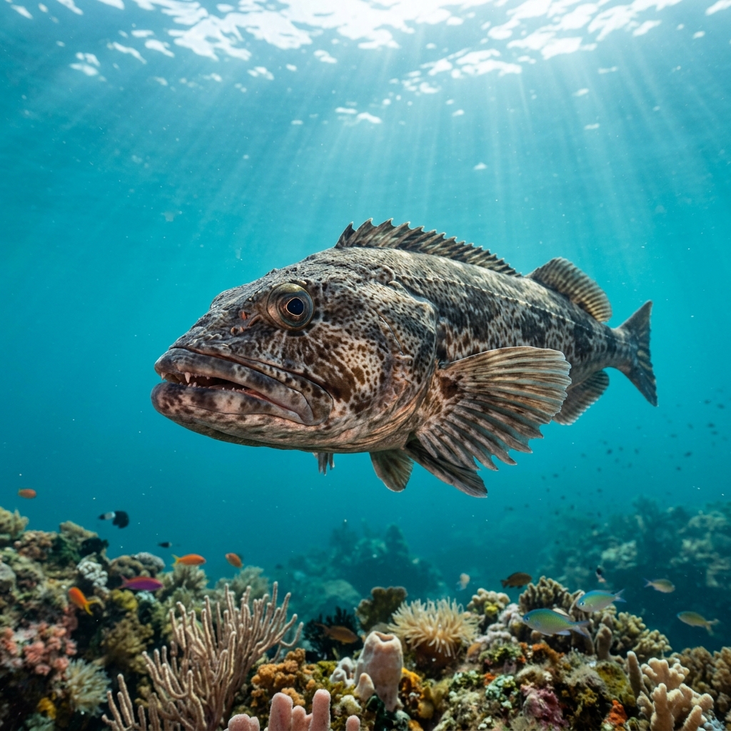 Lingcod (Hexagrammidae spp.) swimming in its natural underwater habitat