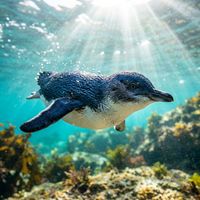 Little penguin with dark blue-grey back and white underside swimming underwater near rocky reef.