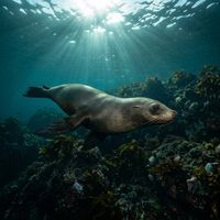 Long-nosed fur seal with a pointed snout and dark brown coat resting on a rocky reef in green-blue temperate water.