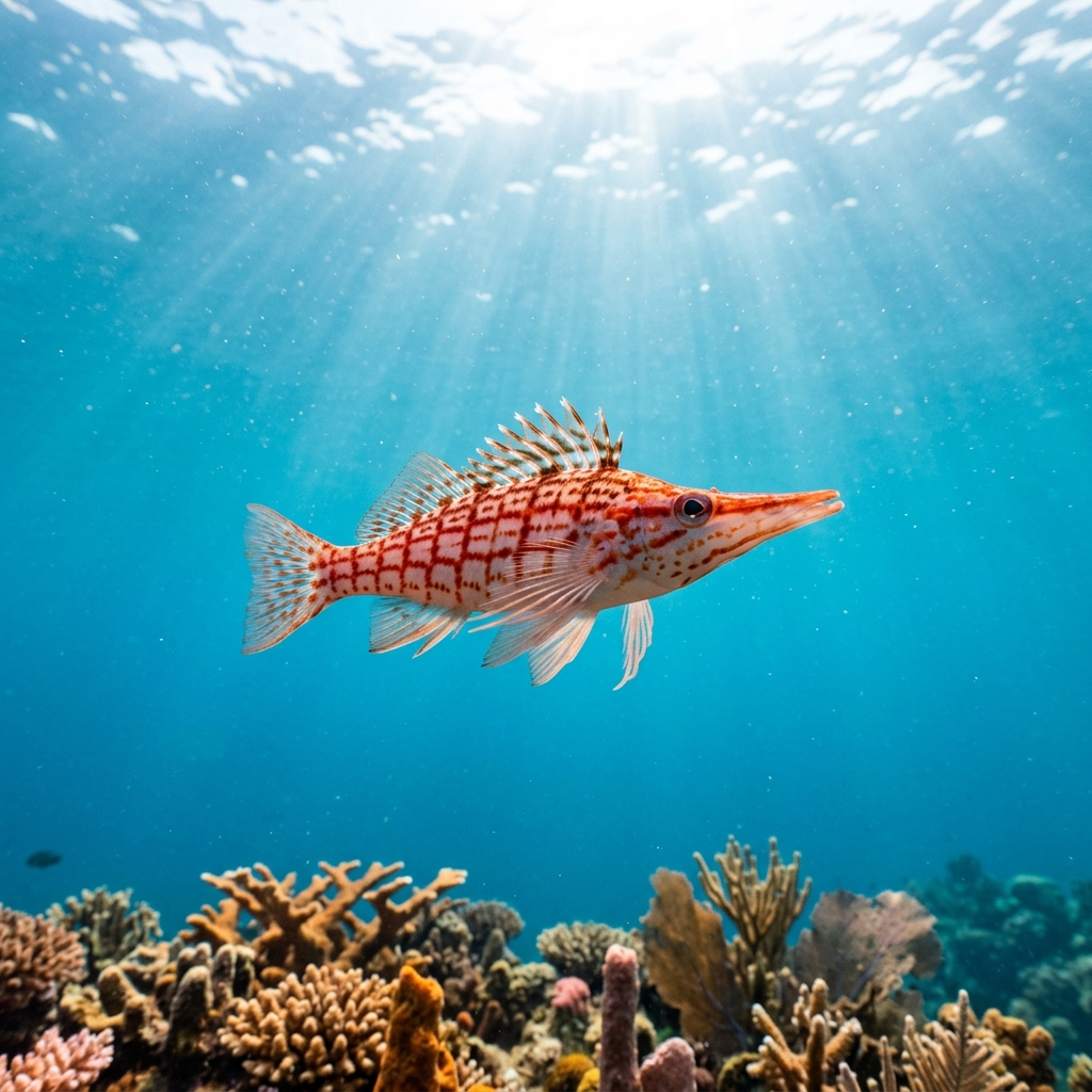 Longnose Hawkfish (Cirrhitidae spp.) swimming in its natural underwater habitat