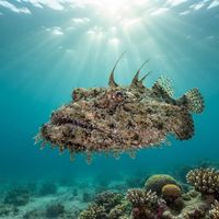 Adult anglerfish with mottled brown skin, wide flattened head and lure spine, resting on a sandy seabed.
