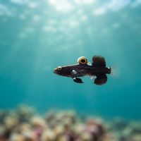 Whitecap Goby, a tiny pale goby with a white-capped head, perched beside a shrimp burrow on sand.