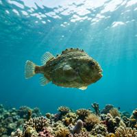 Lumpfish with a rounded, warty grey-green body clinging to a rocky reef in cold, dark water.