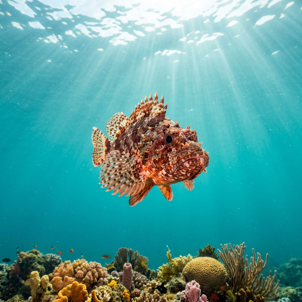 Madeira Rockfish (Scorpaena maderensis) swimming in its natural underwater habitat