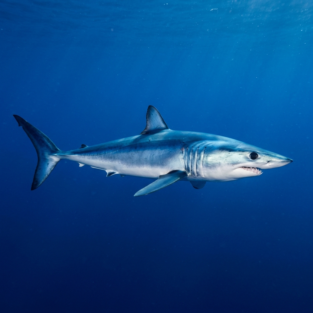 Mako shark with deep blue back, white underside, and pointed snout swimming in open blue water.