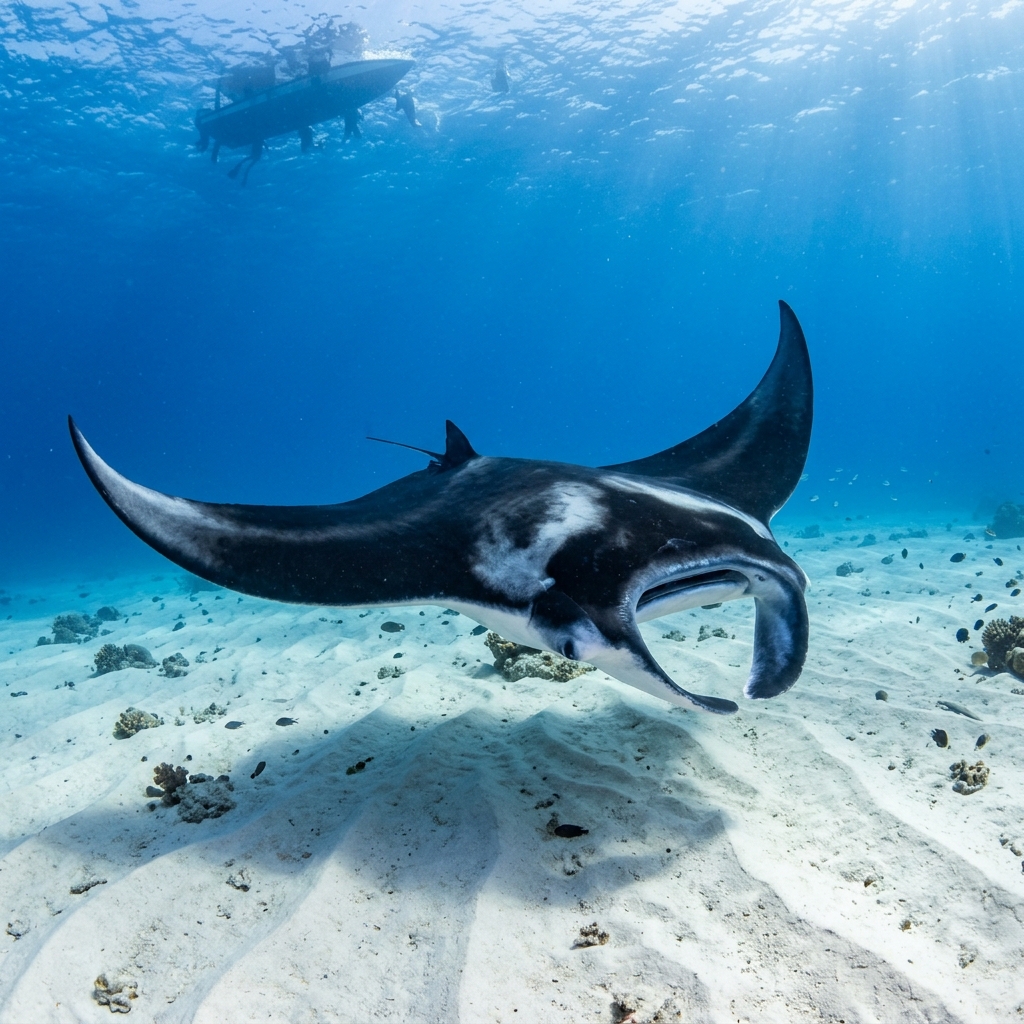 Manta Ray (Mobula spp.) gliding over the seafloor