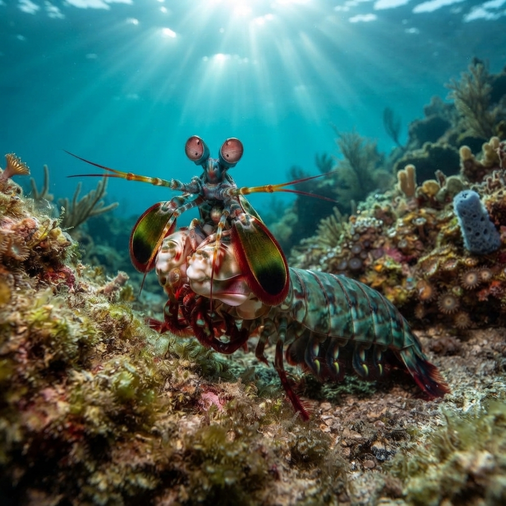 Mantis shrimp peering out from a sandy burrow entrance on a tropical reef floor.