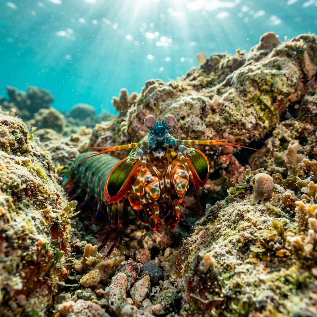 Mantis Shrimp (Stomatopoda spp.) on a coral reef