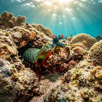 Mantis shrimp with banded body and bright raptorial claws peering from a sandy burrow on a tropical reef.