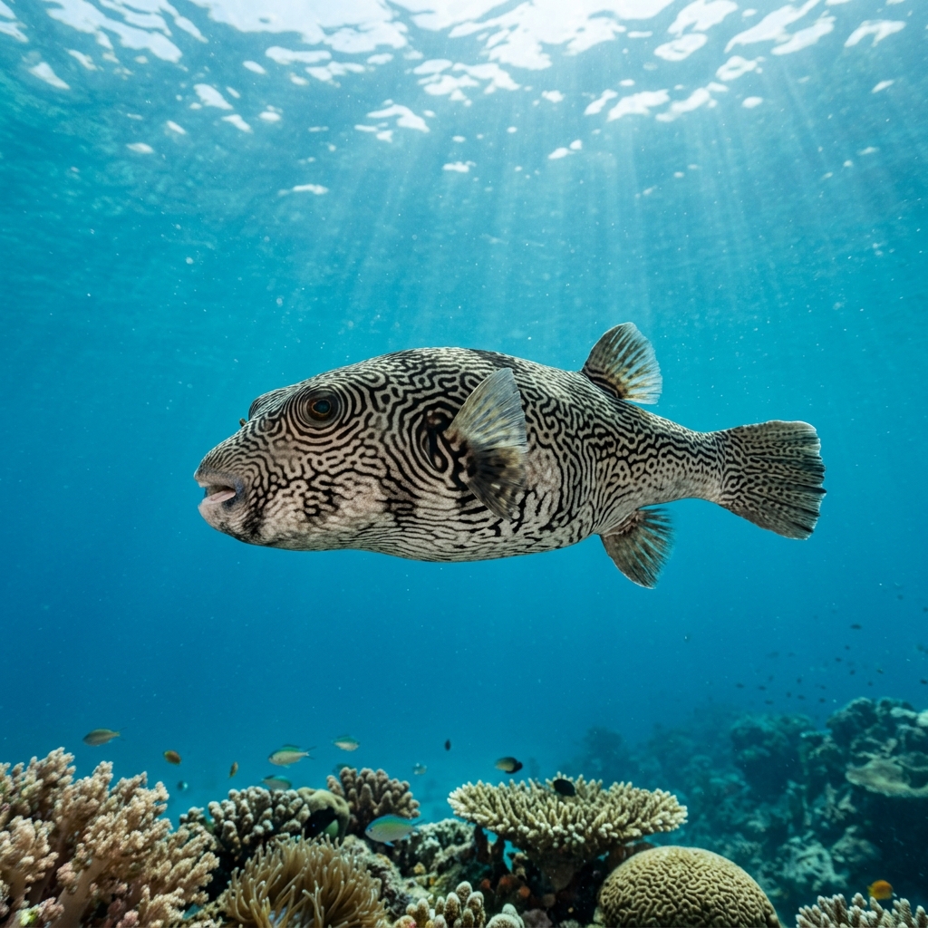 Map Pufferfish with pale body covered in dark maze-like reticulated markings and small dark spots, resting near a coral reef.