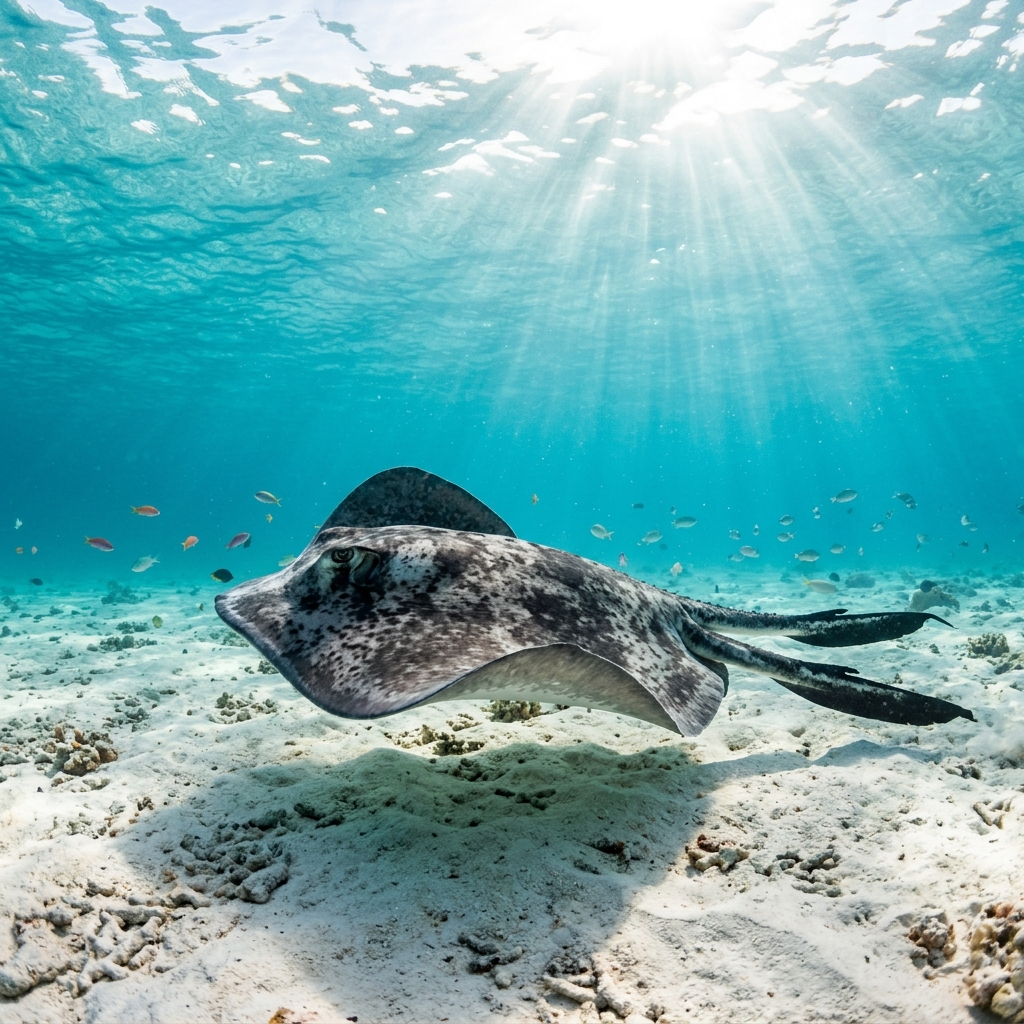 Marble Ray (Taeniurops meyeni) gliding over the seafloor
