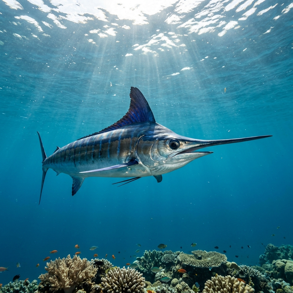 Marlin (Istiophoridae spp.) swimming in its natural underwater habitat