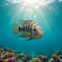 Mayan Cichlid with grey-olive body, dark vertical bars, and a black eyespot near the tail, hovering over sandy freshwater bottom.