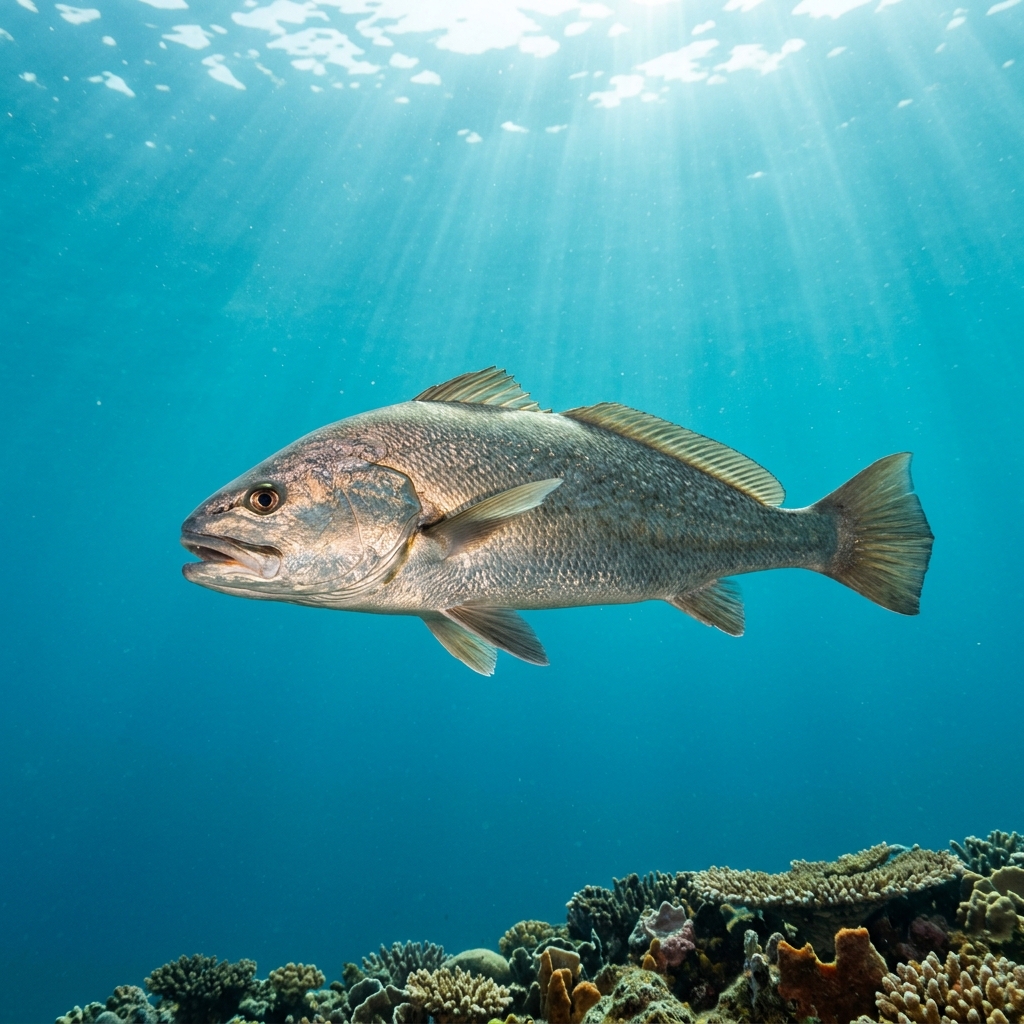 Meagre (Argyrosomus regius) swimming in its natural underwater habitat