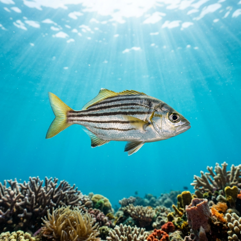 East-australian Stripey fish with bold black and yellow diagonal stripes swimming over a rocky reef.