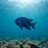 Adult giant damselfish with dark grey-blue body and pale speckling over a rocky shallow reef.