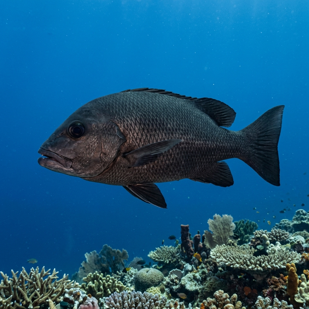 Midnight Snapper (Macolor macularis) swimming in its natural underwater habitat