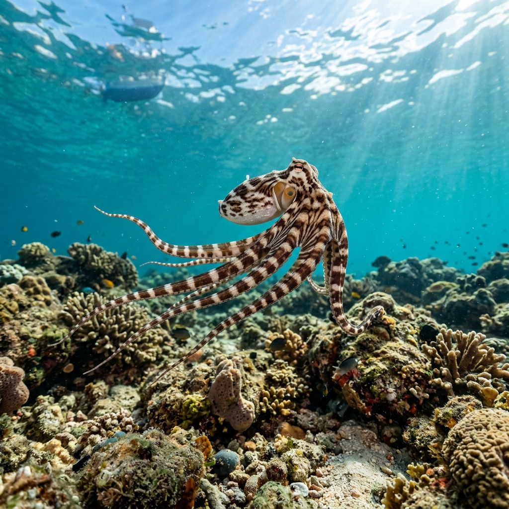 Mimic Octopus (Thaumoctopus mimicus) in its underwater habitat