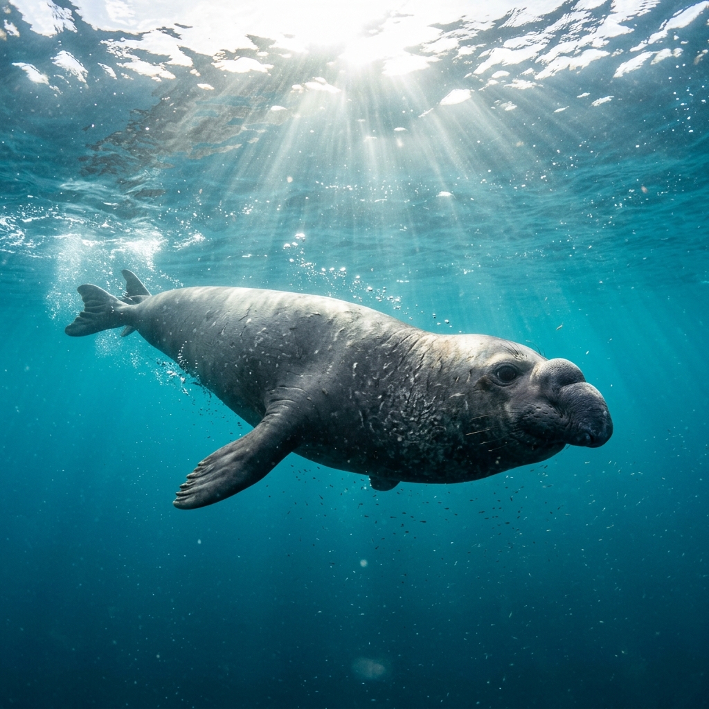 Northern elephant seal, a large brown pinniped with a bulbous inflatable nose, resting near the ocean surface.