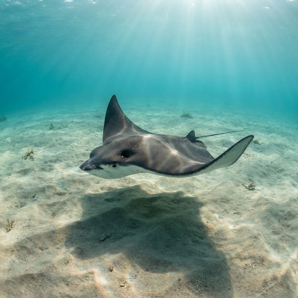 Pygmy devil ray with dark grey back and white belly gliding over open water.