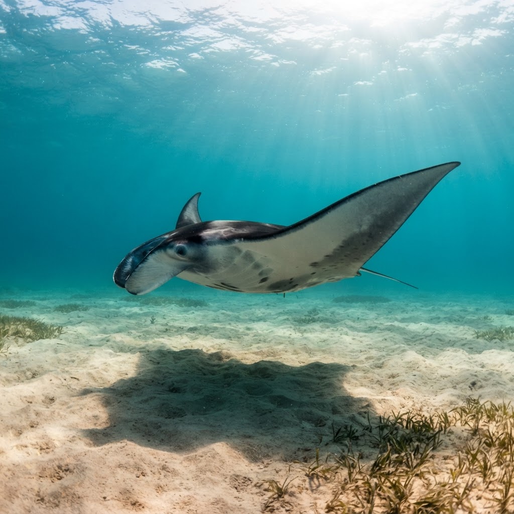 Atlantic manta ray gliding over open water with broad triangular pectoral fins and pale underside.