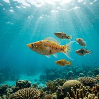 Molly fish with a large sail-like dorsal fin swimming in clear freshwater among aquatic plants.