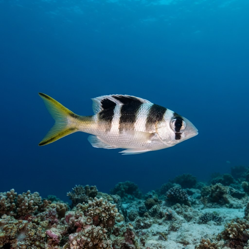 Adult bigeye emperor with silvery-grey body, dark vertical bars, and large dark eyes hovering over a coral reef.